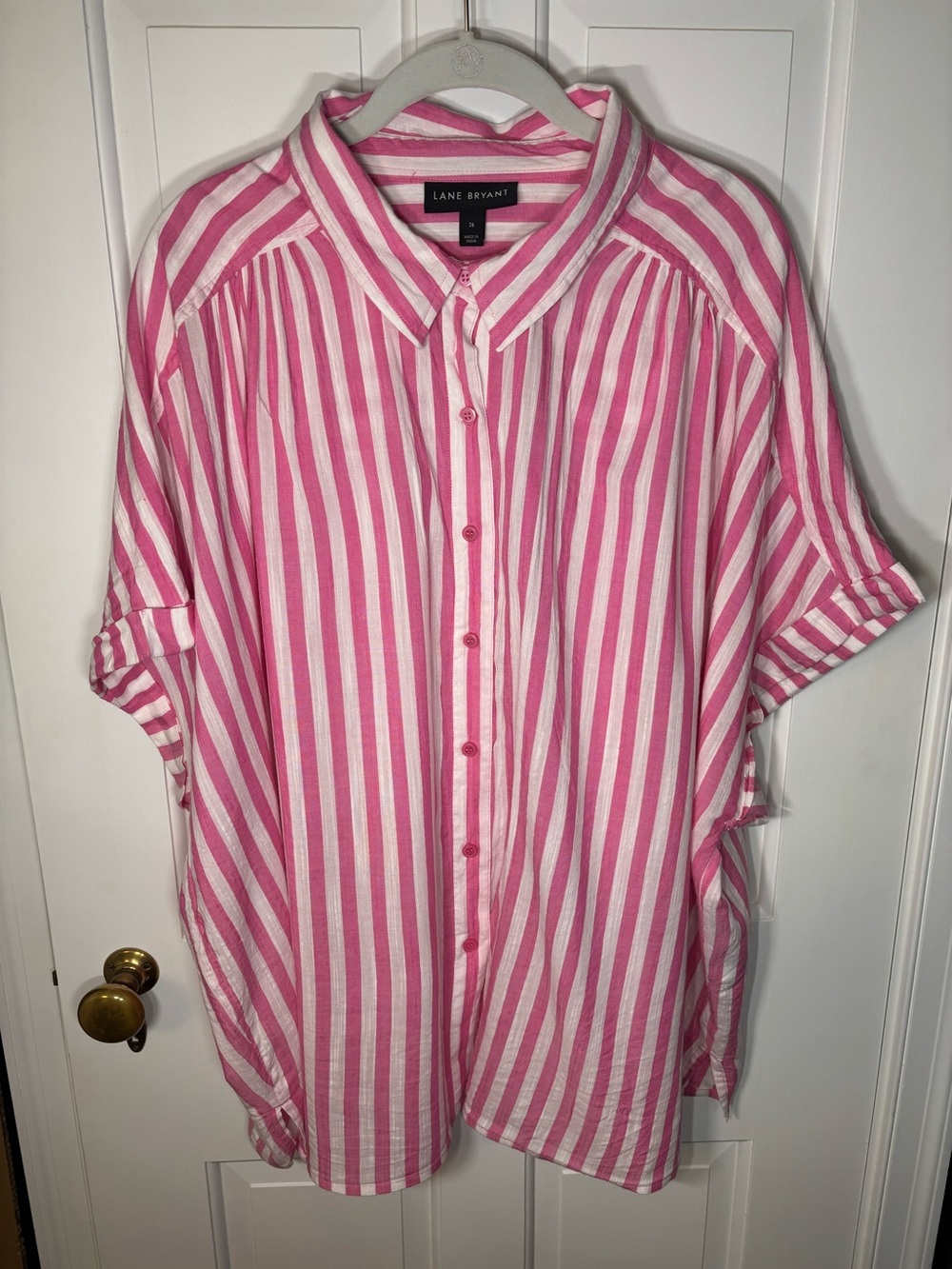 Lane Bryant Pink White Stripe Collared Button Shirt Blouse Short Sleeve Women 26